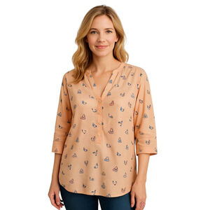 Yessica Tunic Top Womens L Tan Split Neck Shoe Bag Print Whimsical Casual Blouse